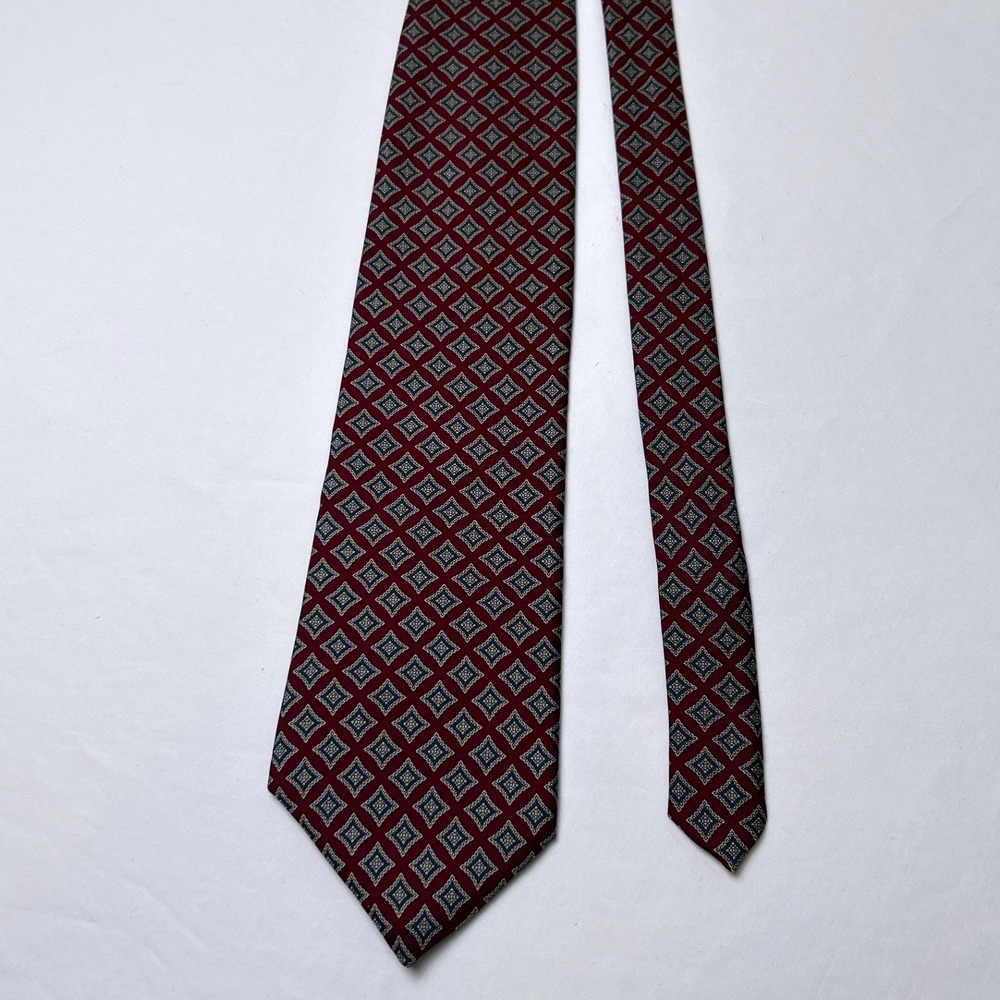 Bert Pulitzer Men Vintage Geometric Medallion Silk Necktie OS Burgundy Gold Navy